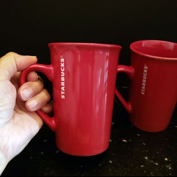 STARBUCKS Red Ceramic 11 oz Tall Mugs Christmas Valentines Discontinued Set 2 - Picture 2 of 10